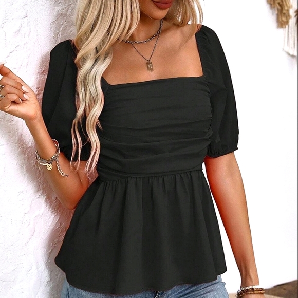 * NEW Flowy Ruched Peplum Puffed Short Sleeve Top Blouse Black - Picture 2 of 9